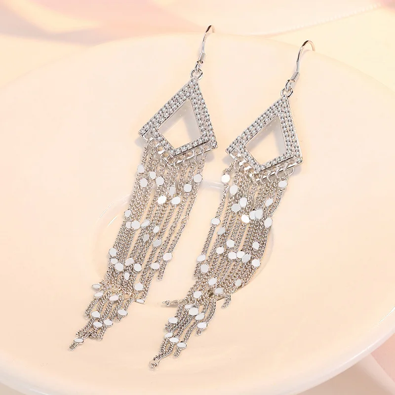 

New in French chic elegant exaggerated silver long fringe earrings for women geometric design fashion jewelry gift