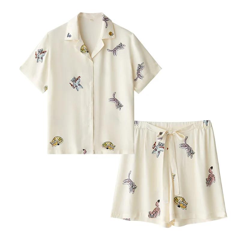 Tiger Printed Pajamas Set for Women Cotton Lapel Long Sleeve Single-breasted Top Lace-up Trouser Outer Wear Women Loungewear Pjs