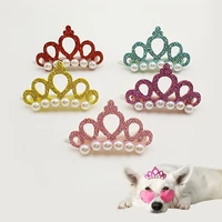 1pc small dog bowknot faux pearl crown shape bows hair clips bow cute head decoration handmade cat pet grooming accessories
