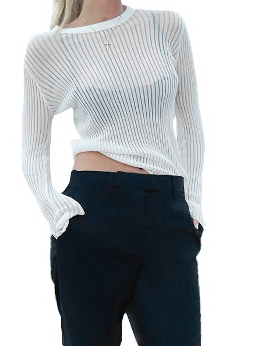 

Женские сексуальные прозрачные футболки с вырезами и длинным рукавом Y2k, сетчатая вязаная крючком приталенная накидка, топ, уличная одежда