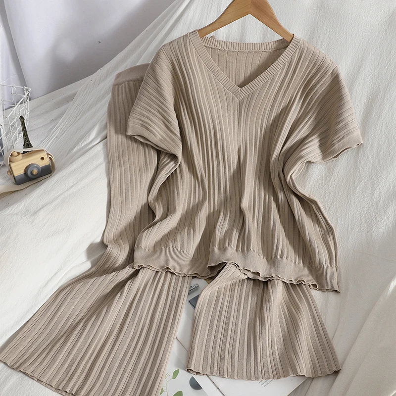 

2023 Knitted Suit Women Elegant V-Neck Pullovers+Wide Leg Pants Suit Lady Spring Summer Soft 2 Piece Set Homewear