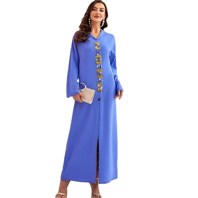 Dark Purple Hand Sewn Diamond Gold Tube Dress Dubai Arabian Robe  Maxi Dress 2022 New Kaftan Abayas Djellaba Moroccan Vestidos