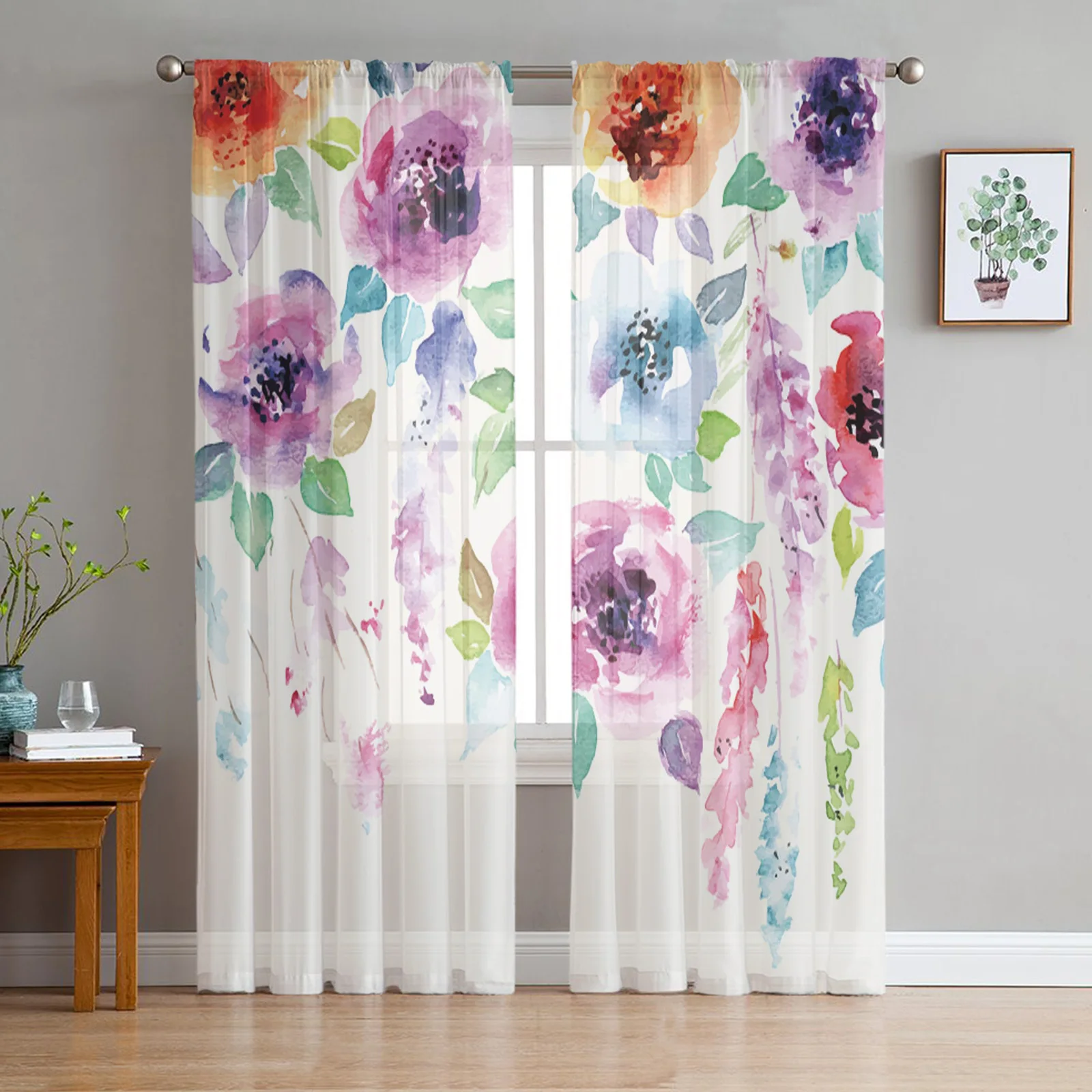 

Watercolor Painting Plant Flower Sheer Curtains for Living Room Voile Curtain Bedroom Bathroom Tulle Curtains Window Drapes