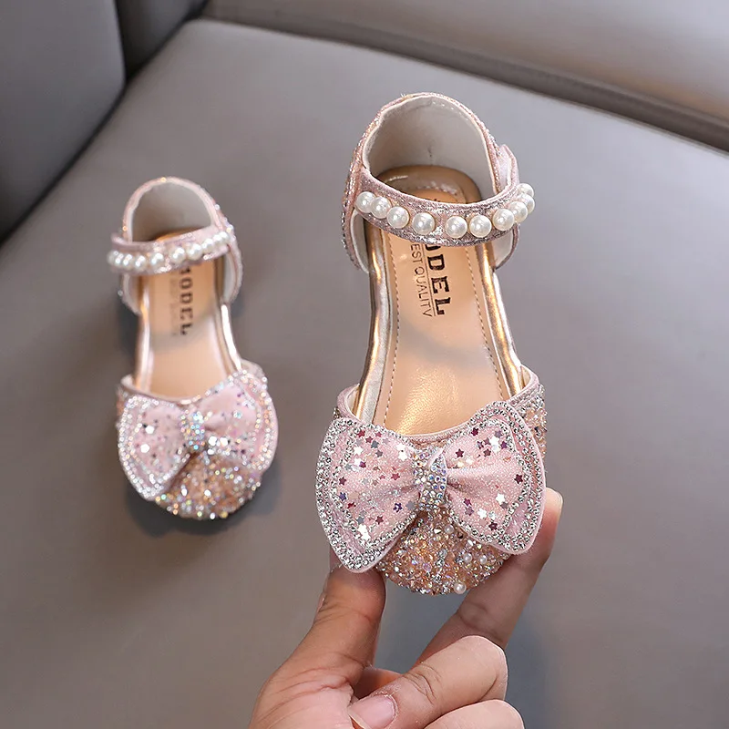 2023 New Summer Girls Sandals Fashion Sequins Cute Bow Little Girl Shoes Kids Princess Shoes Soft Wedding Performance Sandals