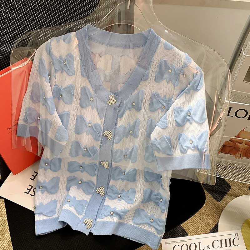 

Женский трикотажный кардиган с коротким рукавом, милый тонкий кардиган с бриллиантами и пуговицами в виде сердца с бусинами, свитер с голуб...