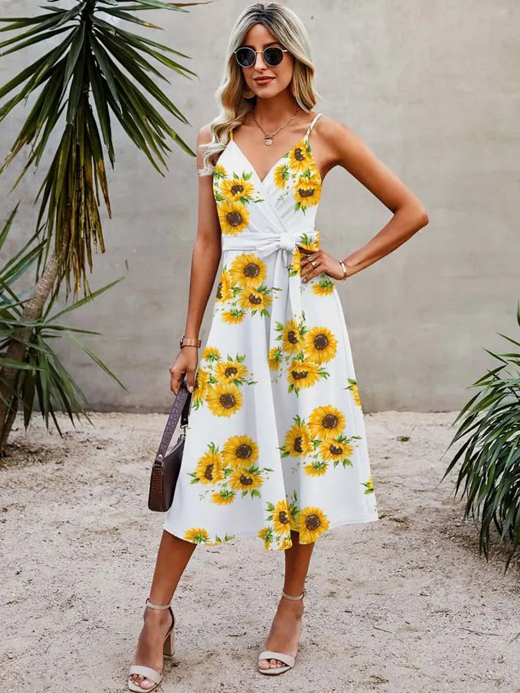 

2022 Summer Sunflower Dress Women Elegant Long Party Dress Ladies Bohemian Print Boho Maxi Flower Dress For Women
