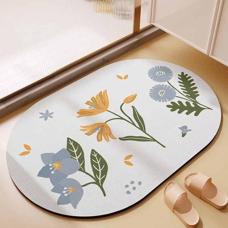 

Japanese Minimalist Style Oval Flower Print Carpet Corridor Bathroom Entrance Doormat Living Room Sofa Coffee Table Mat Washable