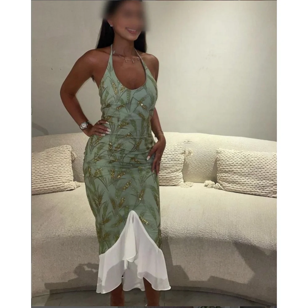 

2023 Latest Hanging Neck Fishtail Splice Summer Simple Contrast Elegant Evening Dress فستان سهرة نسائي Prom Dress women evening