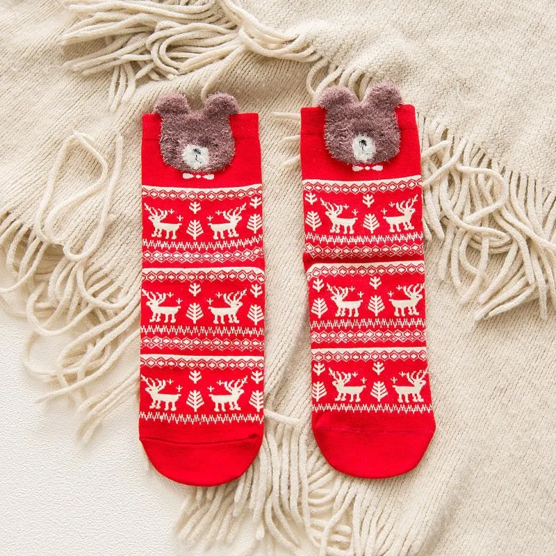 2022 New 1 Pair Women Cotton Socks Cartoon Red Dog Elk Bear Fox Christmas Socks For Spring Autumn Winter Hot Sale Christmas Gift