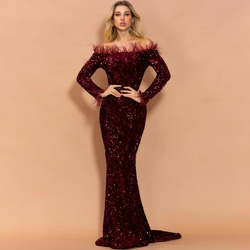 Sequins Evening Party Dress for Women Feather Trim Long Sleeve Banquet Gown Elegant Ladies Party Dresses for Women Vestidos
