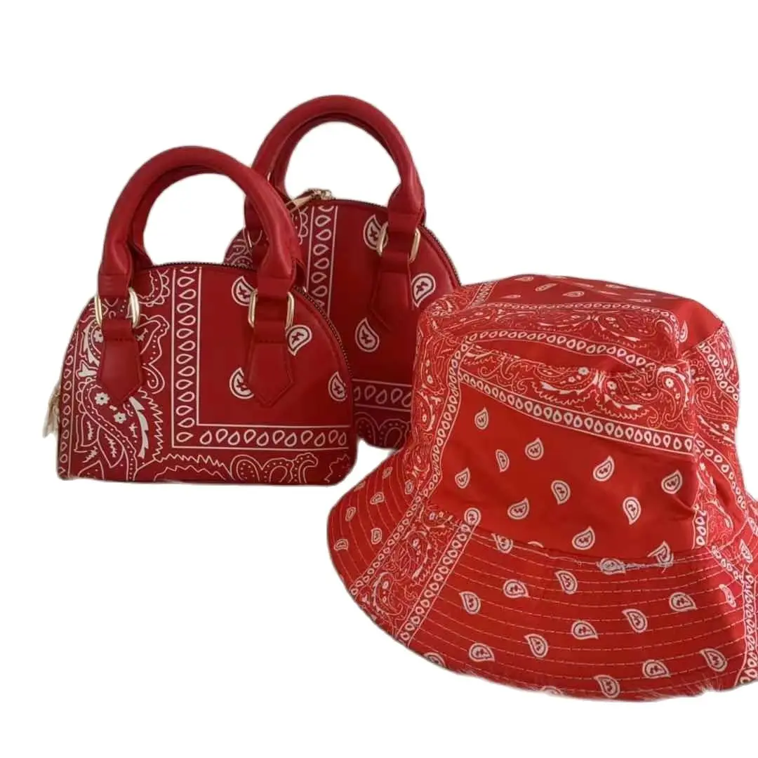 

2022 Girl Shoulder Crossbody Bags with Cap Bandanna Bucket Tote and Hats Sets For Woman Cashew Flower Bucket Hats and Purse Set