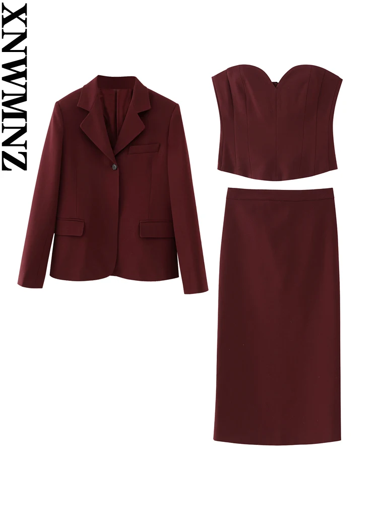 

XNWMNZ 2023 Women Fashion Office Lady Button Slim Fit Blazer or Midi Pencil Skirt or Sweetheart Bustier Female Three-piece Set