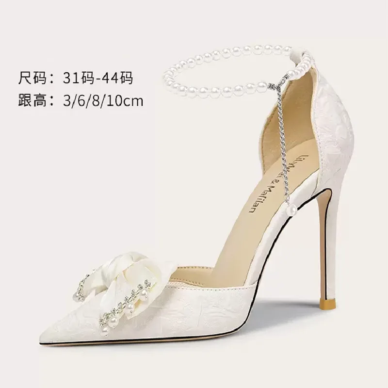 

Spring and Summer New Pointed Pearl Silk Ribbon Bow Sandals with Thin High Heels Banquet Dress Large and Small Women Single Shoe