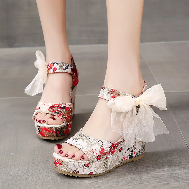 Summer Women Bow Tie Sandals Fashion 2022 New Flower Embroidery Wedge Platform...