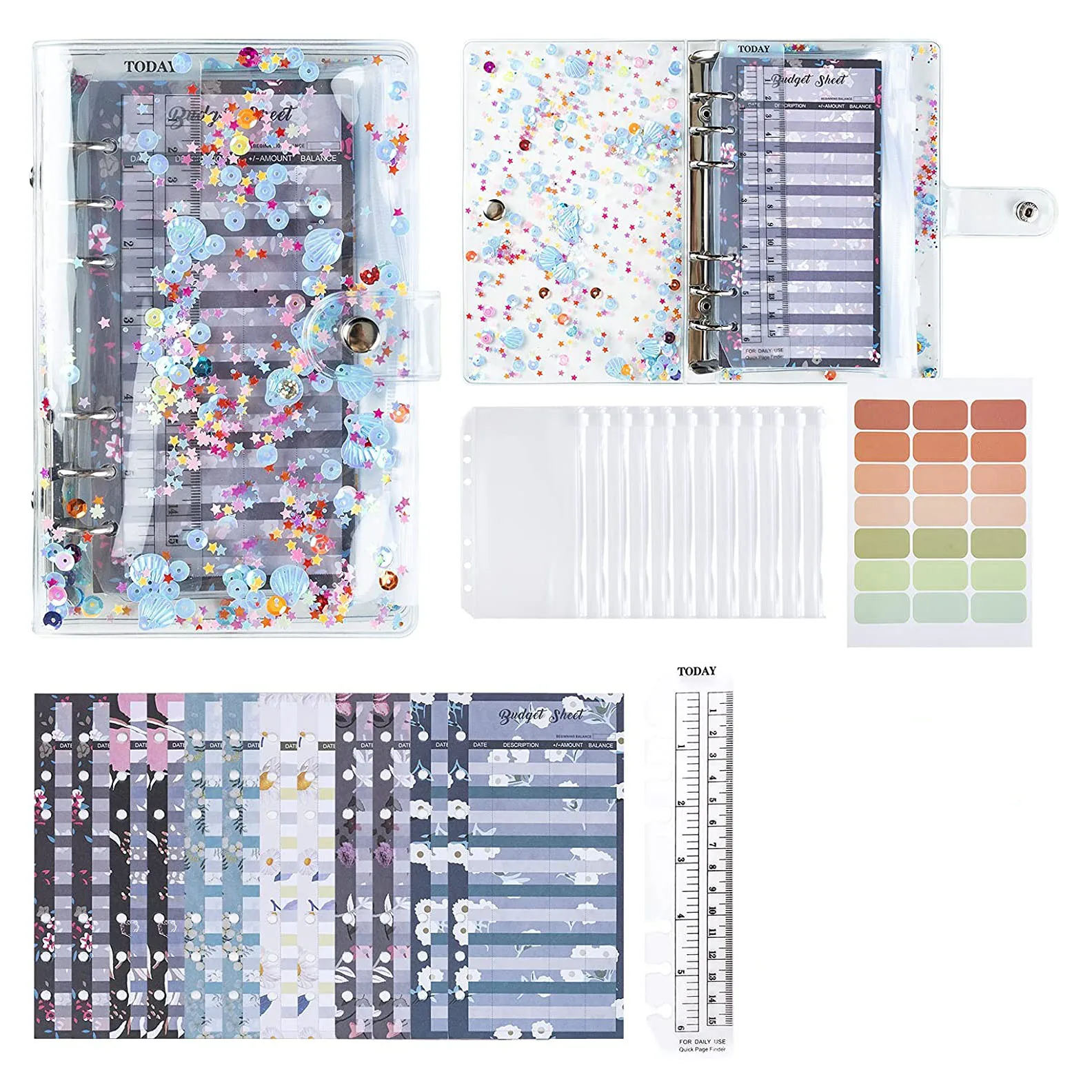 

A6 Binder PVC Notebook Budget Cash Envelopes System Planner Organizer with Binder Zipper Pockets, Budget Sheets, and Labels