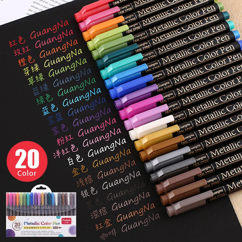 

12/20 Colors Metallic Brush Marker Pen Set 2mm Water Based for Black Brown Card Wood Ceramic Glass Drawing pens School Supplies