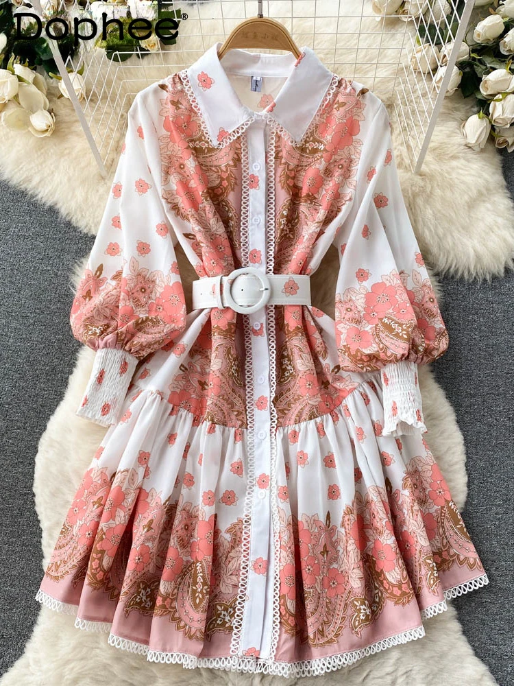 

2022 new autumn and witner fashion women clothes printed lantern full sleeves single breasted high waist shirt dress