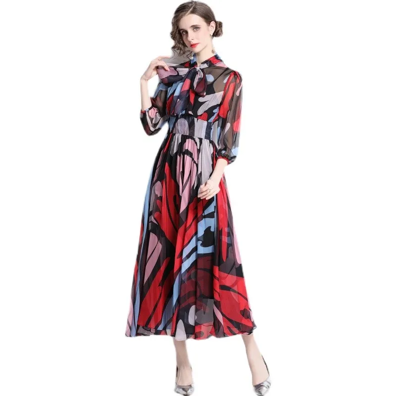 

2022 New Summer Runway Bow Neck Contrast Color Holiday Outfits Women Dresses for Party and Wedding Jurken Dames 2022 N9045