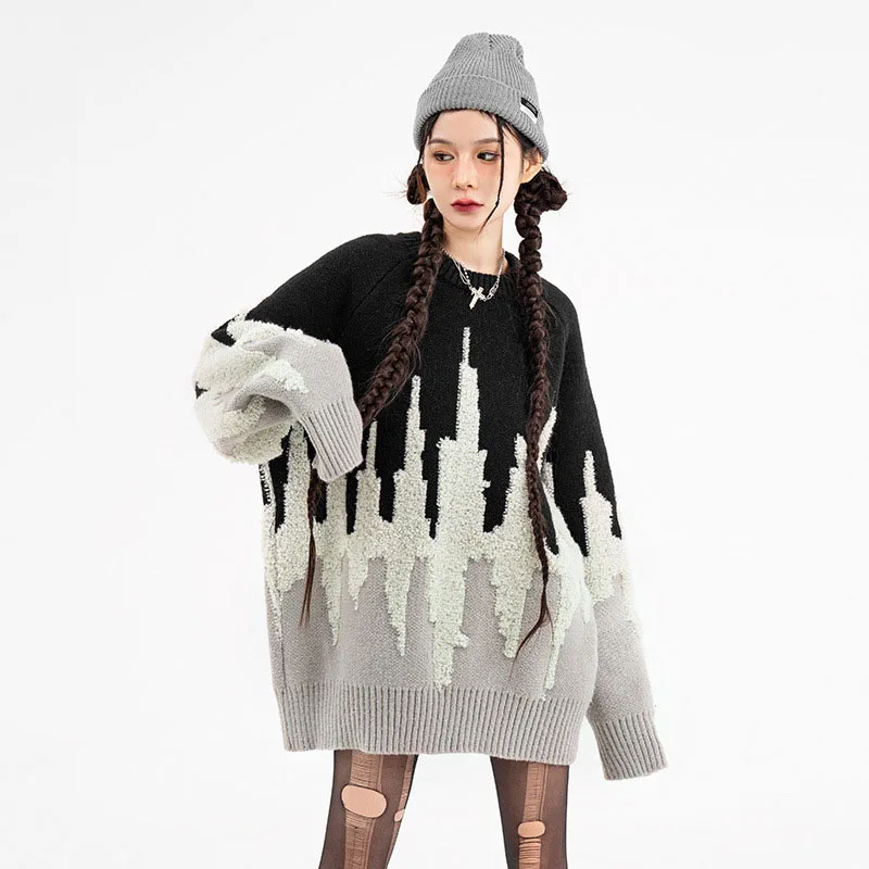 Свитер мужской/женский вязаный в стиле хип-хоп Свободный джемпер с узором