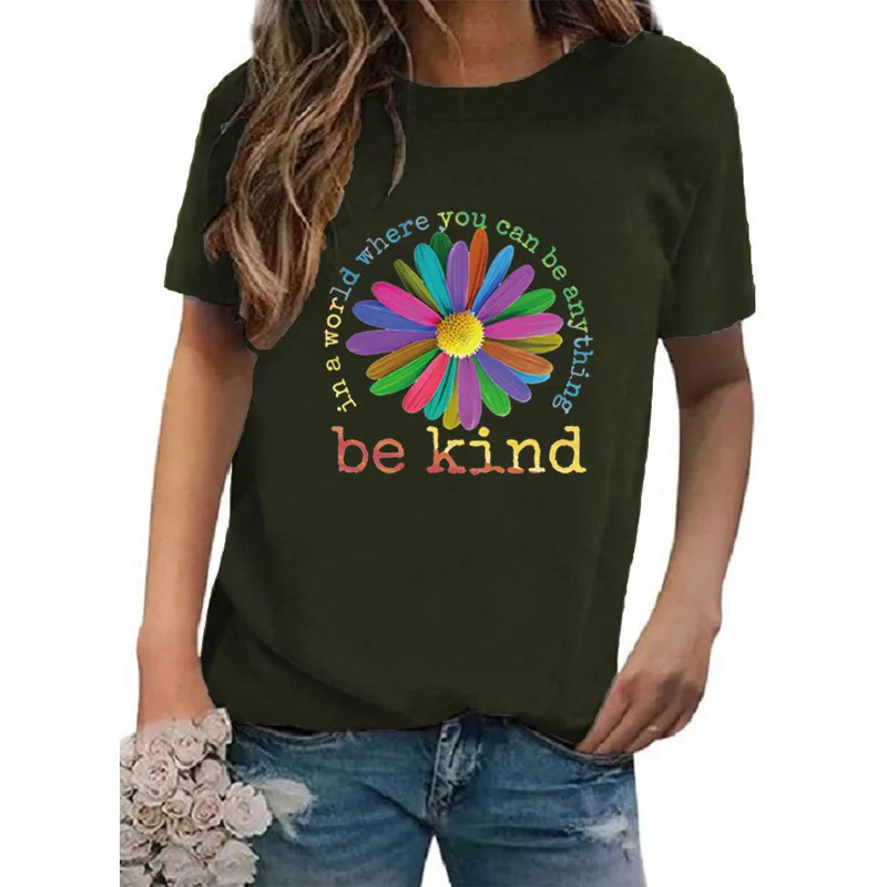 

New colorful floral alphabet print round neck short sleeve T-shirt Fashionable girl T-shirt women clothes y2k top aesthetic