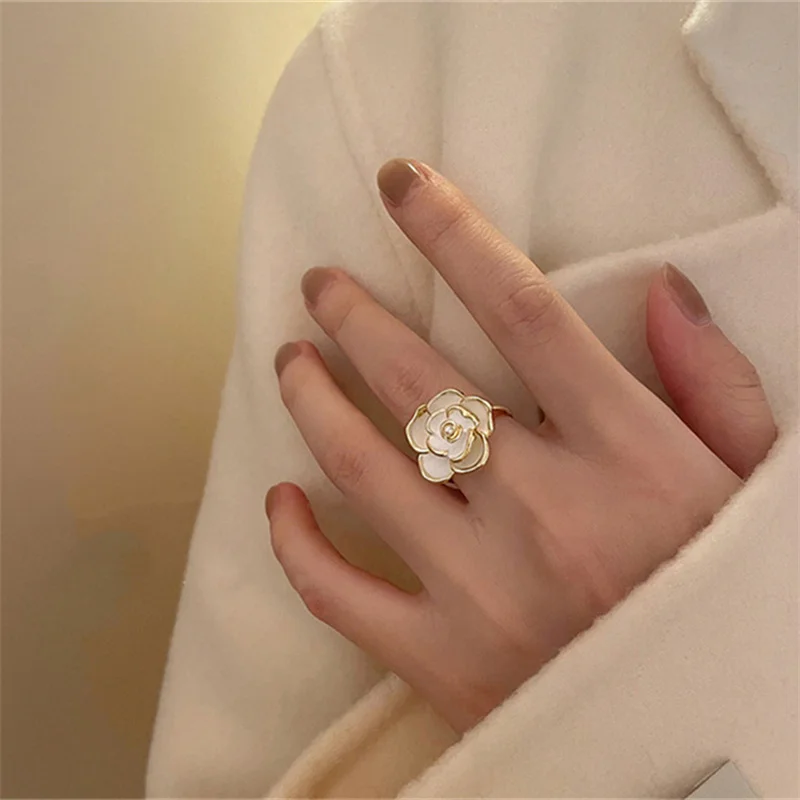 Anillos de Camelia Blanca Para Mujer, anillo de flor ajustable Retro, joyería...