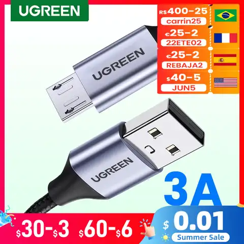 Ugreen микро USB кабель 3A нейлоновый кабель USB Type-C для быстрой зарядки для Samsung Xiaomi HTC зарядное устройство USB кабель для передачи данных мобильный ...