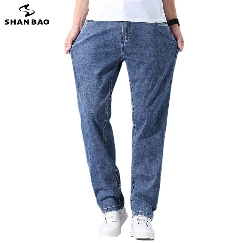 

SHAN BAO 2021 summer and autumn high-quality cotton stretch straight loose denim jeans young men's plus size thin jeans