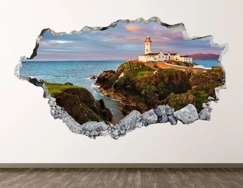 

Donegal Beach Wall Decal - Lighthouse 3D Smashed Wall Art Sticker Kids Room Decor Vinyl Home Poster Custom Gift KD865