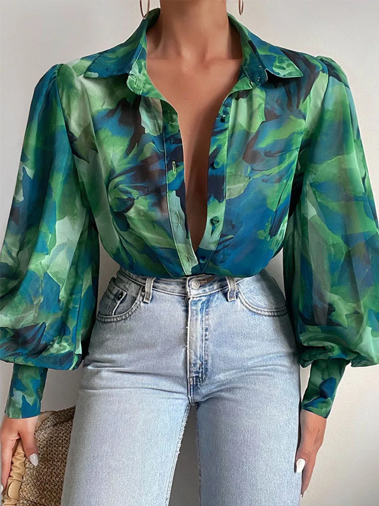 

New Spring Elegant Turn-down Collar Blouse Shirts Women Sexy Single Breasted Button Top Coat Summer Lantern Sleeve Loose Blouses