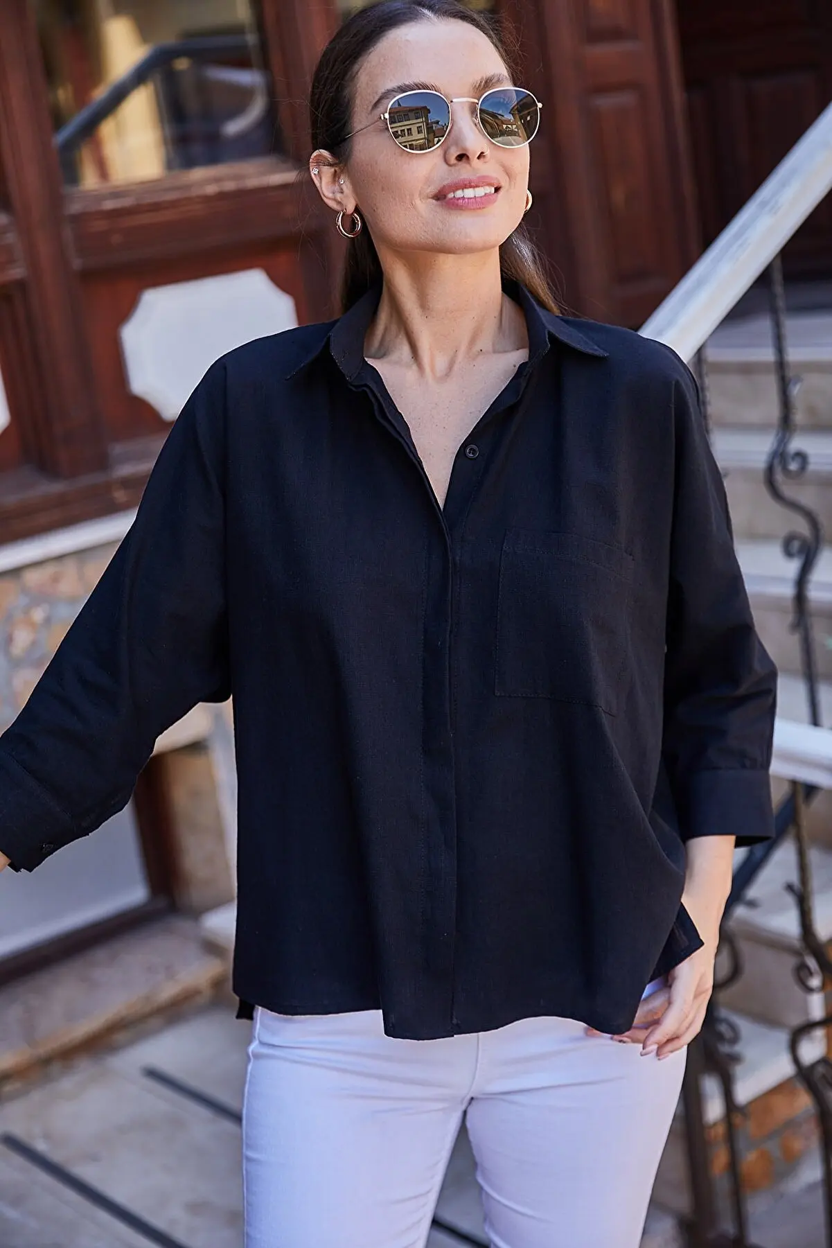 

Female Black Pocket style Linen Shirt Pretty and Cheap women's Blouses 120296682