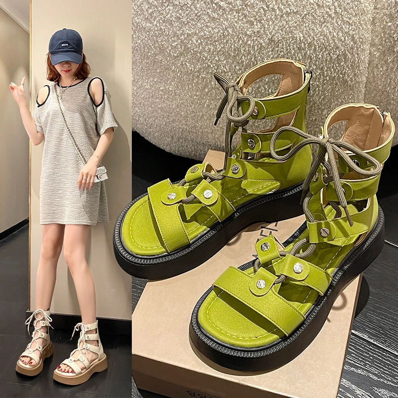 

Online Influencer Fashion Thick Bottom Super Popular Roman Sandals Women 2022 Summer New Versatile Ins Lace-up Sandals