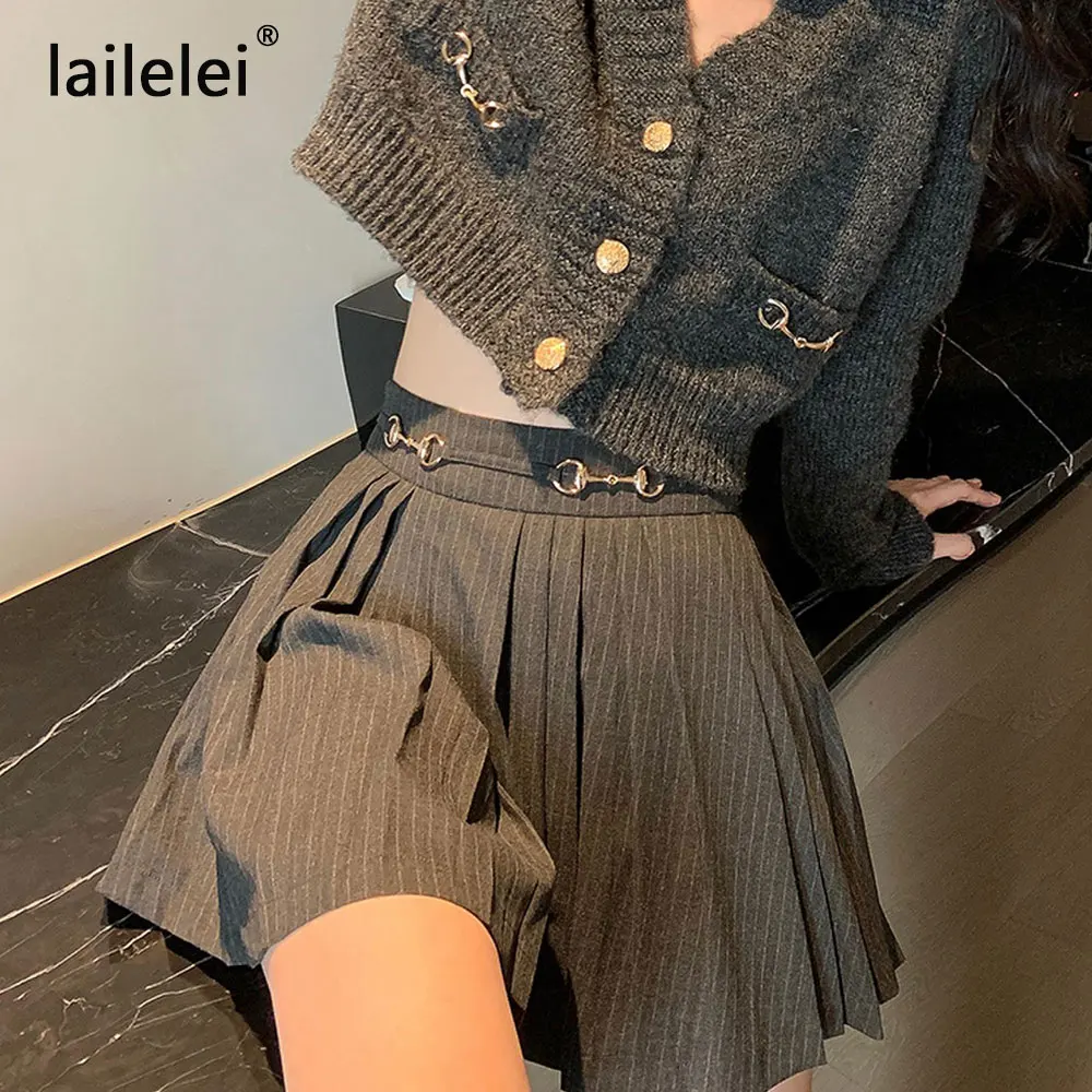 

Two Piece Skirts Set Metal Button Knitted Cardigan Women Short Sweater Chic Striped Pleated Skirt Spring Autumn New Fashion Suit