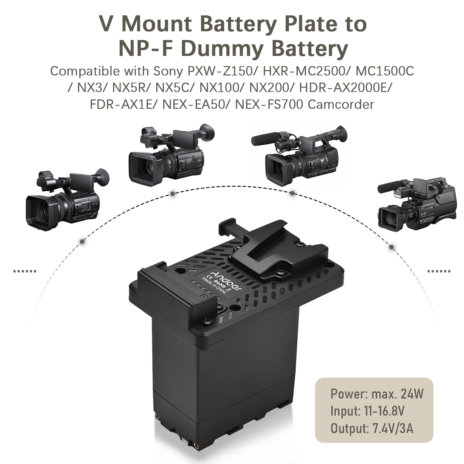 

V-образное крепление Andoer V-Lock пластина аккумулятора для NP-F адаптер для фиктивного аккумулятора адаптер аккумулятора для видеокамеры Sony PXW-Z150...