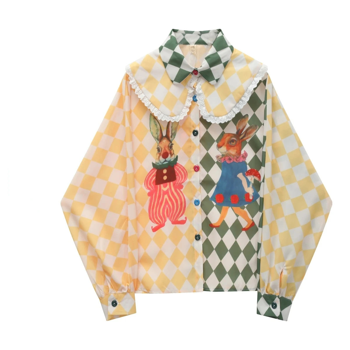 

Vintage Print Shirt Women Korean Casual Doll Collar Plaid Blouses Spring Autumn Elegant Long Sleeve Ladies Top 2023