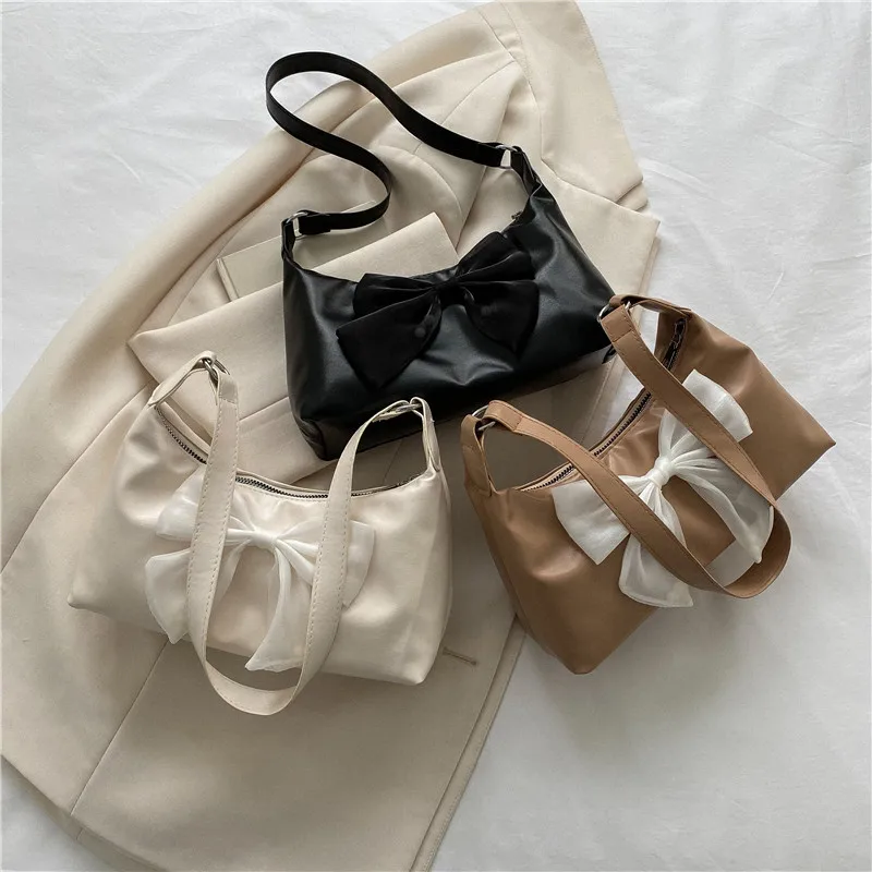 

Fashion Retro Women Totes Shoulder Bag PU Leather Solid Color Exquisite Bow Handbags Designer Luxury Shopping Bag for Women 2022