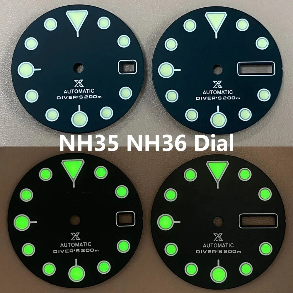 

For NH35 NH36 4R36 Movement 28.5mm Black Watch Dial Day/Date Window Green Luminous Spare Parts Accessories