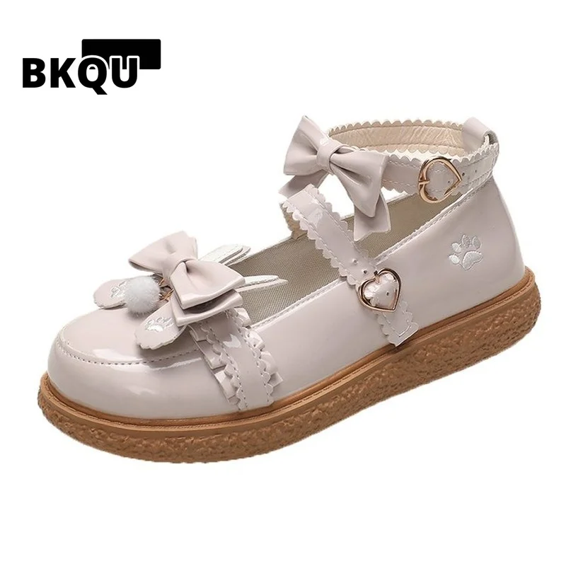 

BKQU New Mary Janes Women Shoes 2022 Pu Leather Sweet Designer Bow Platform Buckle Strap Flats Shoes Fashion Lolita Zapatos