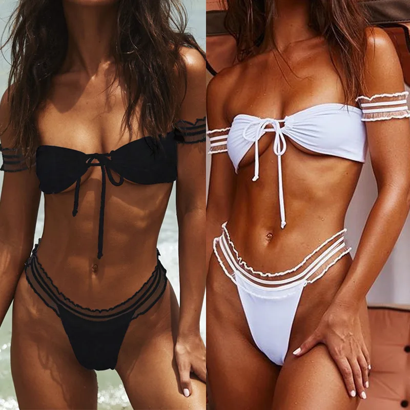 

2022Sexy Brazilian Swimsuit Female Solid Halter Lace Bikini Swimwear Women New Swimming Suit Two Pieces Ruffle Bikinis Set White