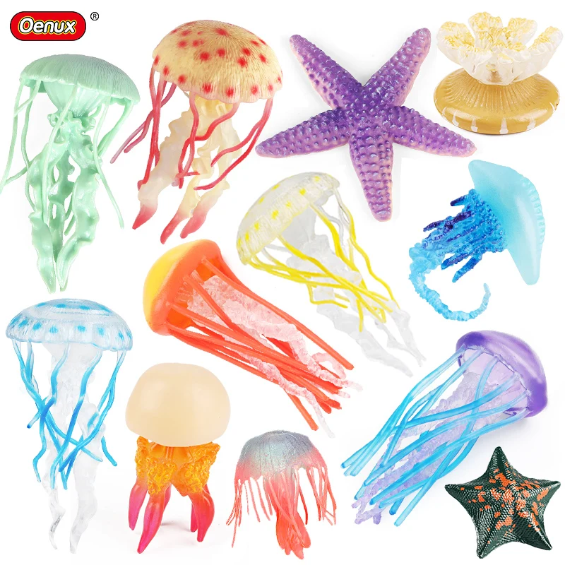 

Oenux Ocean Animals Model Jellyfish Starfish Sea Anemone Coral Action Figures Aquarium PVC Miniature Educational Kids Toy Gift
