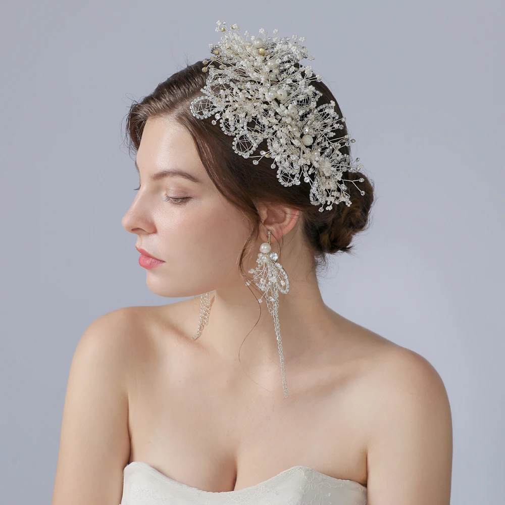 

Women Tiaras Luxury Wedding Crown Handmade Rhinestone Pearl Tiaras Bridal Accessories Set Bling Headbands Earrings For Women