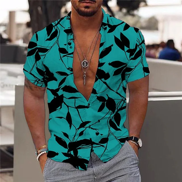Hawaiian Shirt For Men Vacation Daily Slim Fit Tops Gym Elegant Flower Pattern Leaves Social Casual Fashion Camisa Y2k Clothing 2