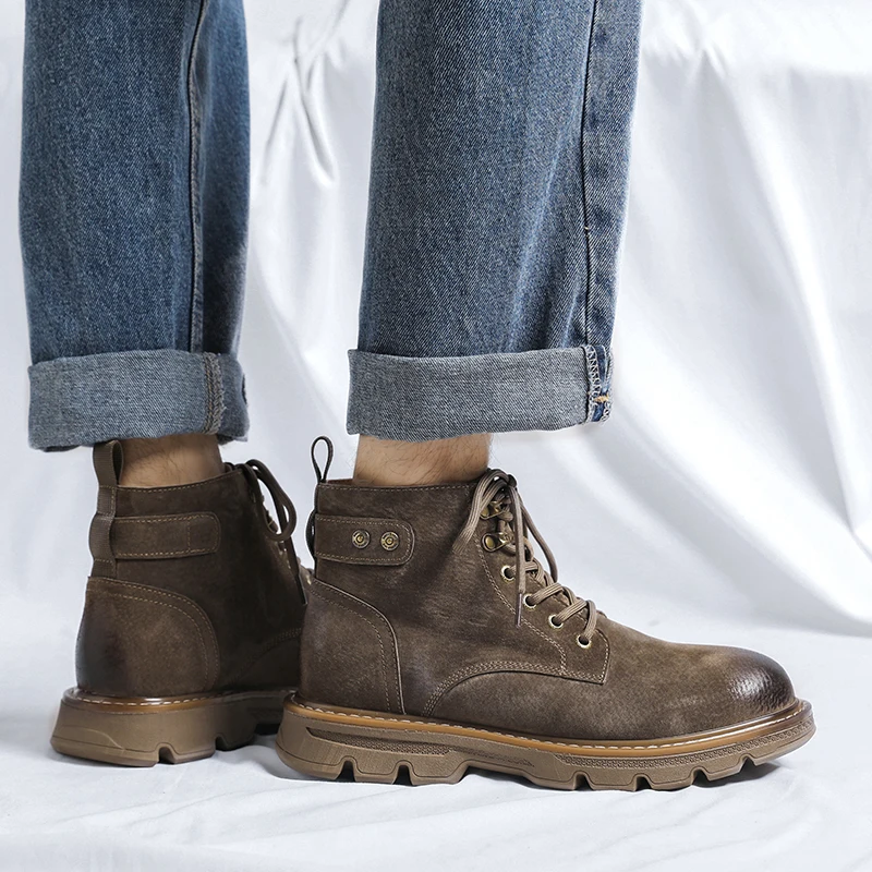 Ботинки мужские кожаные высокие мотоциклетные ботильоны на шнуровке обувь в