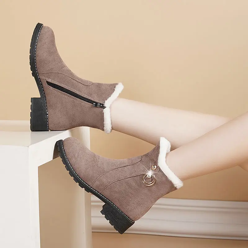 

New Women Boots Winter Outdoor Keep Warm Fur Boots Waterproof Women's Snow Boots Thick Heel With Round Head Short Boots