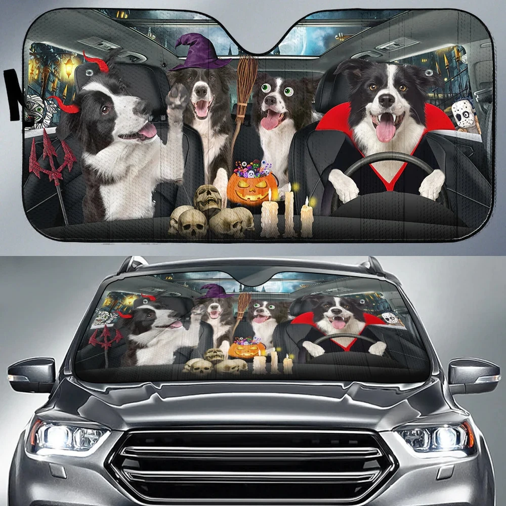 

Happy Halloween Border Collie Car 3D Printed Sun Shade Auto Sun Shade for Car Truck Decor Windshield Sunshade,Blocks UV Rays Sun