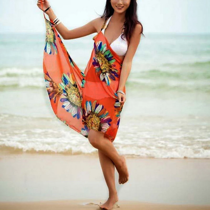 

2022 Printed Cover-ups Sexy Beach Dress Women Halter Sling Chiffon Beach Towel Bikini Wrap Pareo Skirts Open-Back Swimwear dress