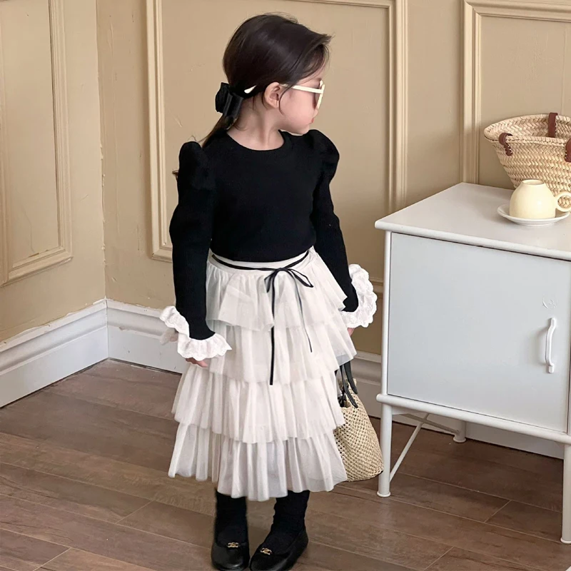 

Spring Autumn Girls Sweater Baby Knitwear Kids Tops Children Pullover Clothes Streetwear Puff Sleeve Rib Knit Lace 1-6Y