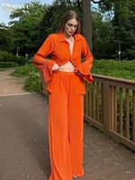 clacive casual loose orange wide pants set female autumn fashion lapel long sleeve blouse 2 piece sets womens outfits streetwear