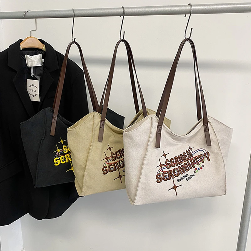 Versatile Canvas Commuting Shoulder Bags Embroidered Letter Large Capacity Shopping Storage Handbags for Women Designer Luxury
