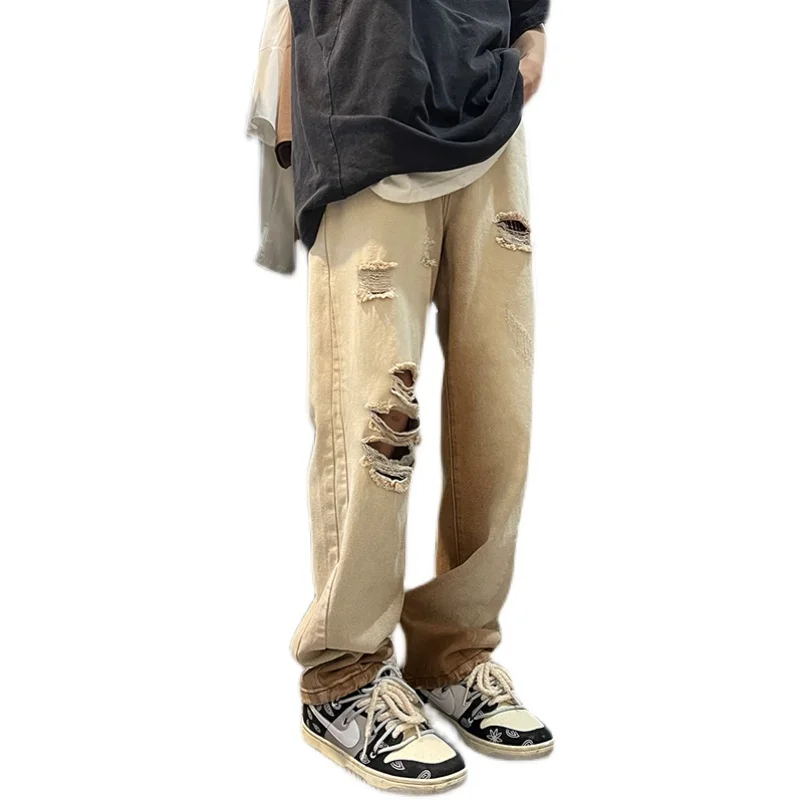 Brown Ripped Baggy Jeans Men Fashion Casual Straight Jeans Men Streetwear Loose Hip Hop Hole Denim Pants Mens Trousers S-2XL