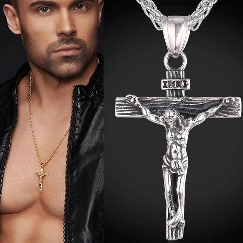 Korean Fashion Christian Amulet Religious Jesus Cross Necklace Mens Crucifix Pendant Handsome Men Stainless Steel Chain Jewelry